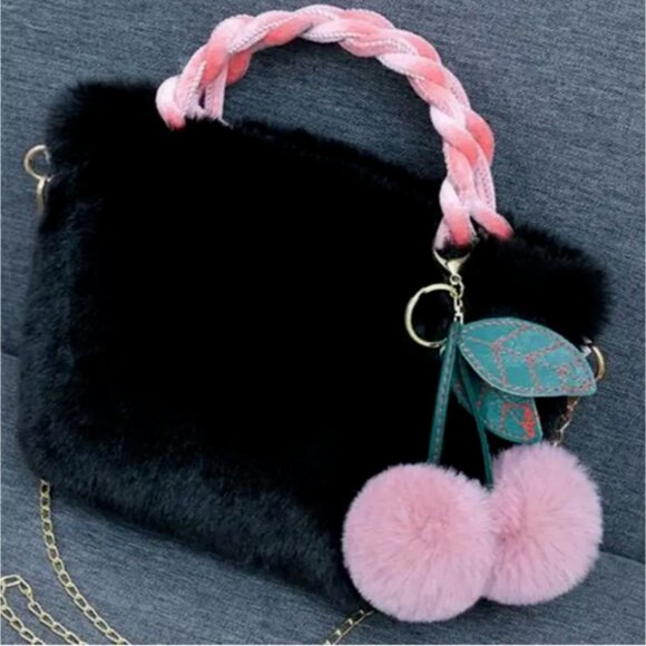 Plush BLACK Fur Bucket Bag Two PINK Pom Pom CHERRIES Fall School Trendy - Picture 4 of 12